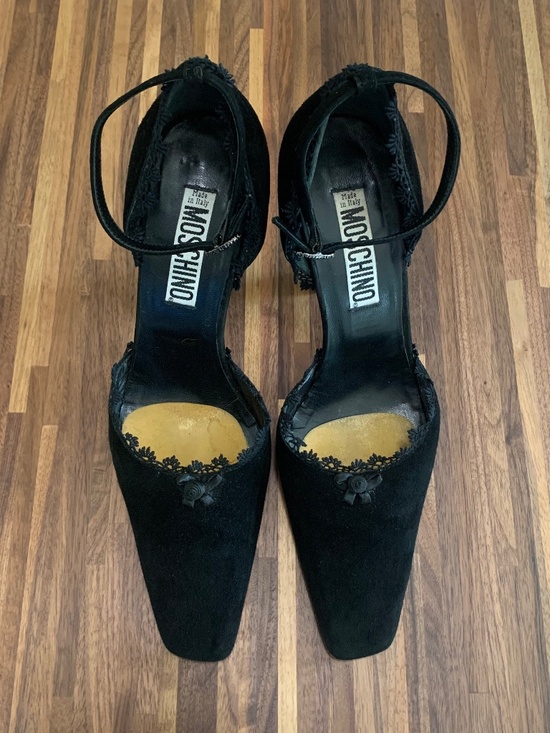 Moschino Shoes - Vintage Moschino Lace Trim Suede Heels